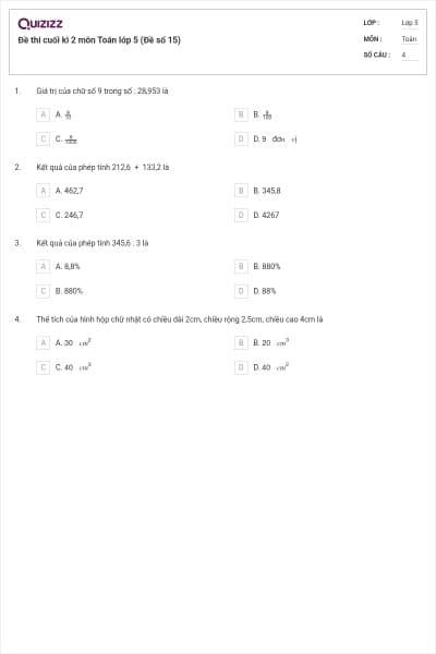 Đề thi cuối kì 2 môn Toán lớp 5 (Đề số 15)