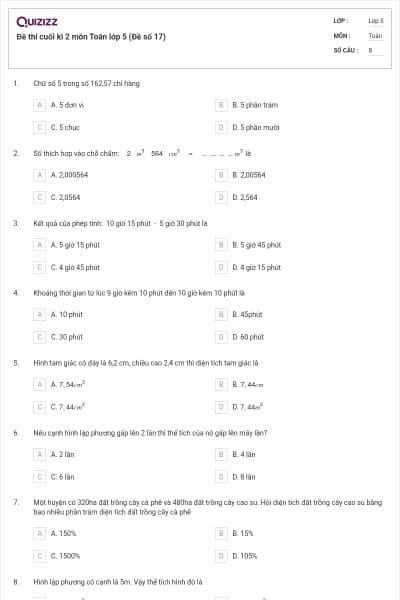 Đề thi cuối kì 2 môn Toán lớp 5 (Đề số 17)