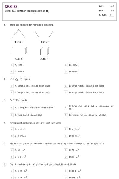 Đề thi cuối kì 2 môn Toán lớp 5 (Đề số 18)