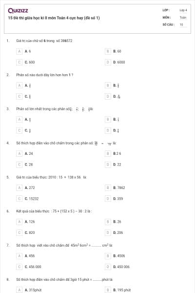 15 Đề thi giữa học kì II môn Toán 4 cực hay (đề số 1)