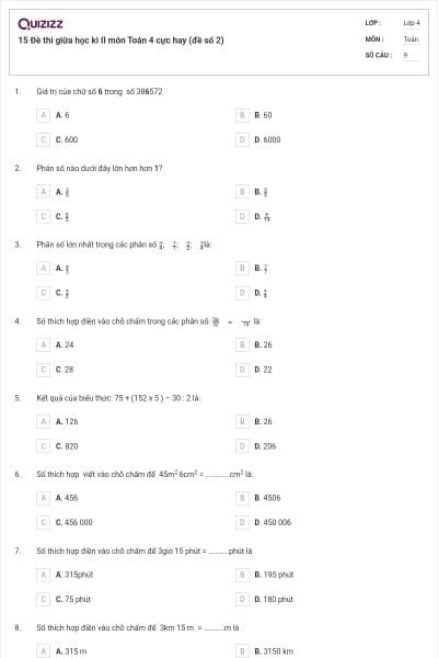 15 Đề thi giữa học kì II môn Toán 4 cực hay (đề số 2)