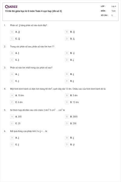 15 Đề thi giữa học kì II môn Toán 4 cực hay (đề số 3)