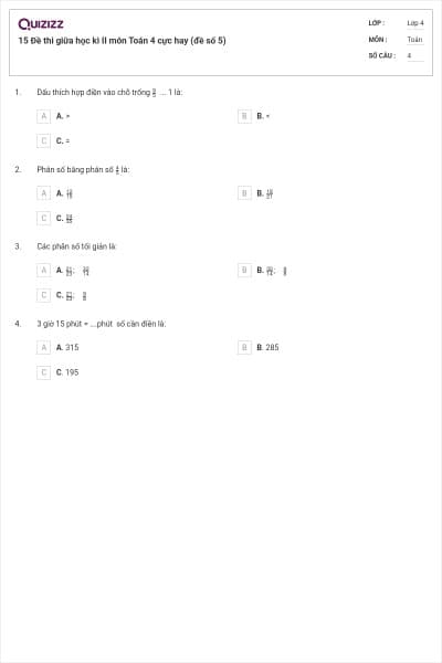 15 Đề thi giữa học kì II môn Toán 4 cực hay (đề số 5)