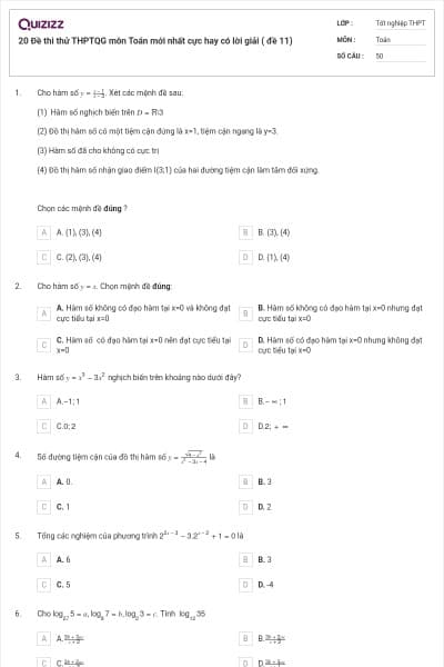 20 Đề thi thử THPTQG môn Toán mới nhất cực hay có lời giải ( đề 11)