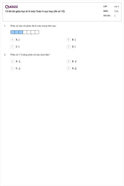 15 Đề thi giữa học kì II môn Toán 4 cực hay (đề số 10)