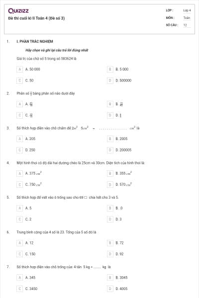 Đề thi cuối kì II Toán 4 (Đề số 3)