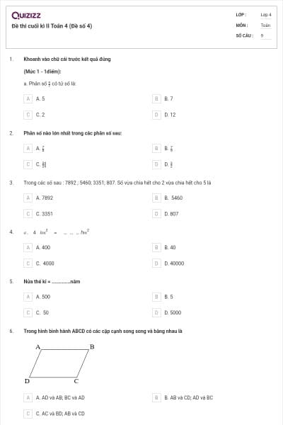 Đề thi cuối kì II Toán 4 (Đề số 4)