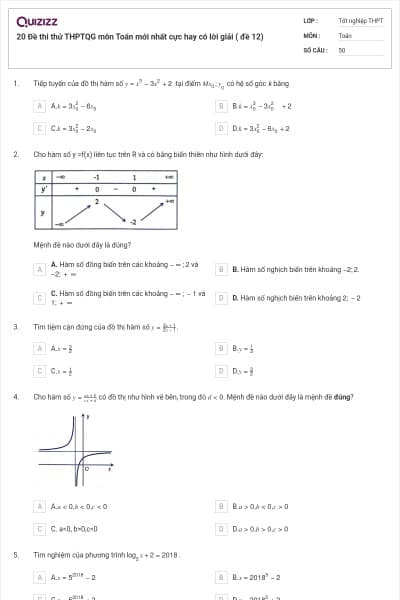 20 Đề thi thử THPTQG môn Toán mới nhất cực hay có lời giải ( đề 12)