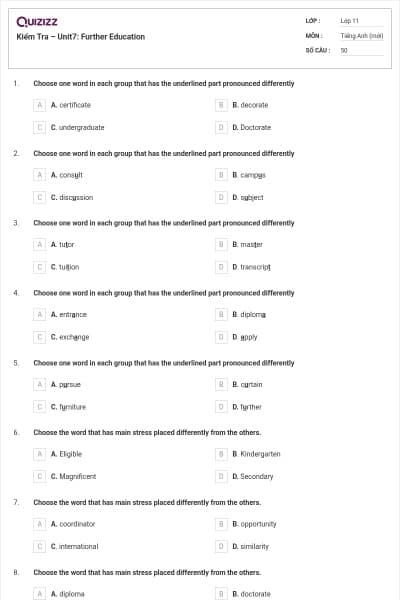 Kiểm Tra – Unit7: Further Education
