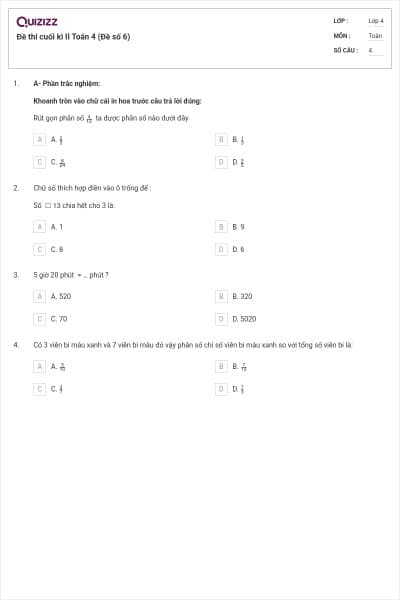 Đề thi cuối kì II Toán 4 (Đề số 6)