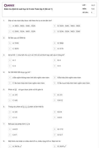Kiểm tra định kì cuối học kì II môn Toán lớp 4 (Đề số 1)