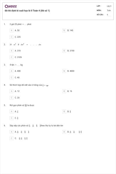 Đề thi định kì cuối học kì II Toán 4 (Đề số 1)