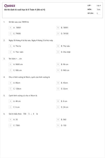 Đề thi định kì cuối học kì II Toán 4 (Đề số 4)