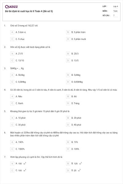 Đề thi định kì cuối học kì II Toán 4 (Đề số 5)