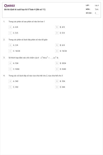 Đề thi định kì cuối học kì II Toán 4 (Đề số 11)