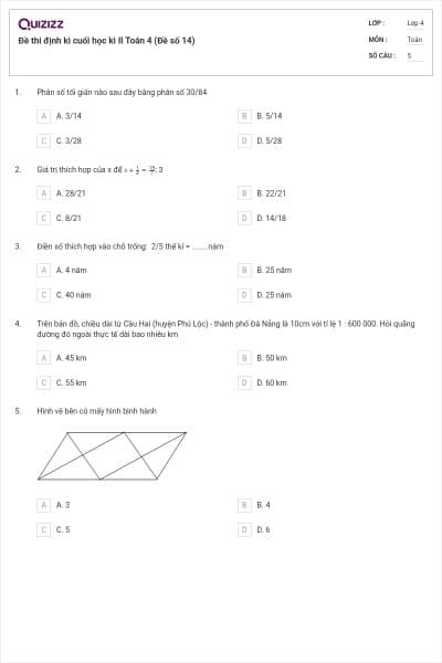 Đề thi định kì cuối học kì II Toán 4 (Đề số 14)