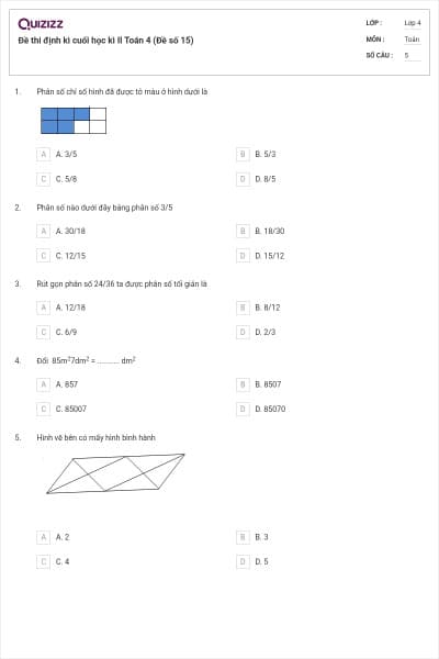 Đề thi định kì cuối học kì II Toán 4 (Đề số 15)