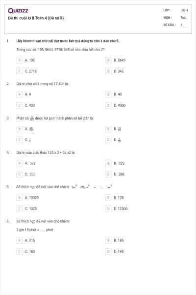 Đề thi cuối kì II Toán 4 (Đề số 8)