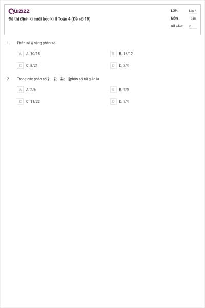 Đề thi định kì cuối học kì II Toán 4 (Đề số 18)