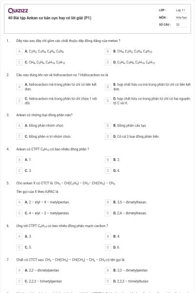 40 Bài tập Ankan cơ bản cực hay có lời giải (P1)
