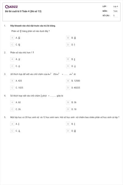 Đề thi cuối kì II Toán 4 (Đề số 13)