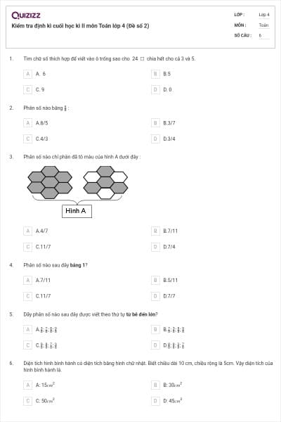 Kiểm tra định kì cuối học kì II môn Toán lớp 4 (Đề số 2)