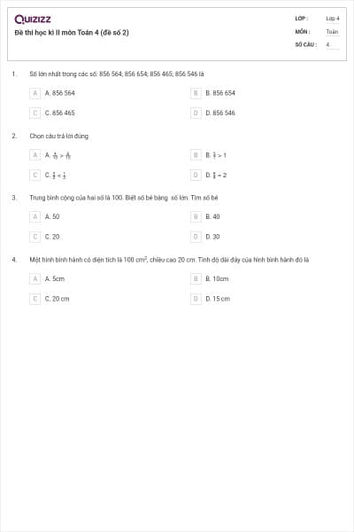 Đề thi học kì II môn Toán 4 (đề số 2)