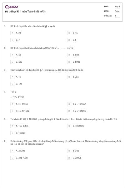 Đề thi học kì II môn Toán 4 (đề số 3)