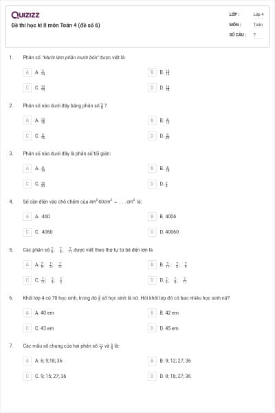 Đề thi học kì II môn Toán 4 (đề số 6)