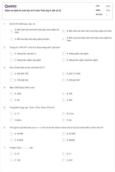 Kiểm tra định kì cuối học kì II môn Toán lớp 4 (Đề số 3)