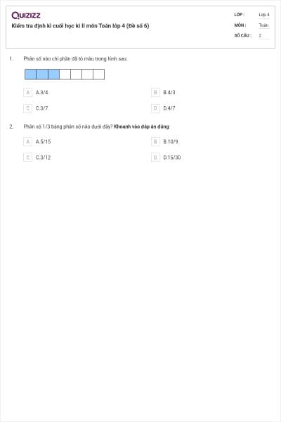 Kiểm tra định kì cuối học kì II môn Toán lớp 4 (Đề số 6)
