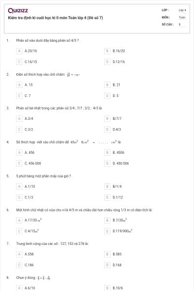 Kiểm tra định kì cuối học kì II môn Toán lớp 4 (Đề số 7)