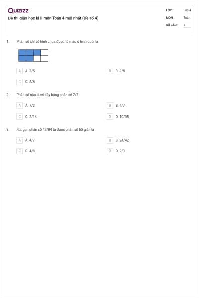 Đề thi giữa học kì II môn Toán 4 mới nhất (Đề số 4)