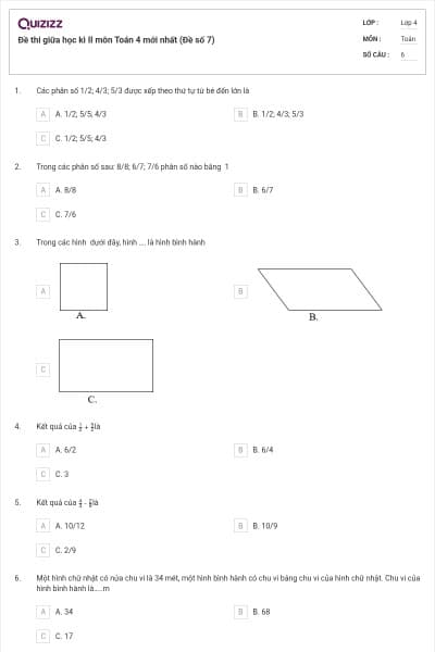 Đề thi giữa học kì II môn Toán 4 mới nhất (Đề số 7)