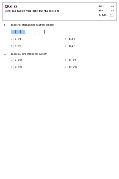 Đề thi giữa học kì II môn Toán 4 mới nhất (Đề số 9)
