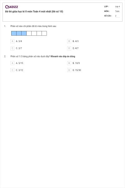 Đề thi giữa học kì II môn Toán 4 mới nhất (Đề số 10)