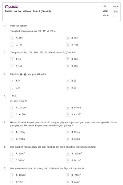 Bài thi cuối học kì II môn Toán 4 (Đề số 8)