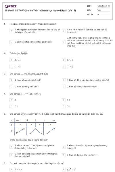 20 Đề thi thử THPTQG môn Toán mới nhất cực hay có lời giải ( đề 15)