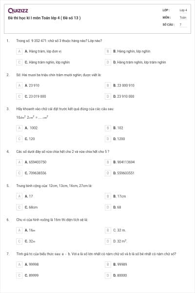 Đề thi học kì I môn Toán lớp 4 ( Đề số 13 )