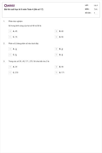 Bài thi cuối học kì II môn Toán 4 (Đề số 17)