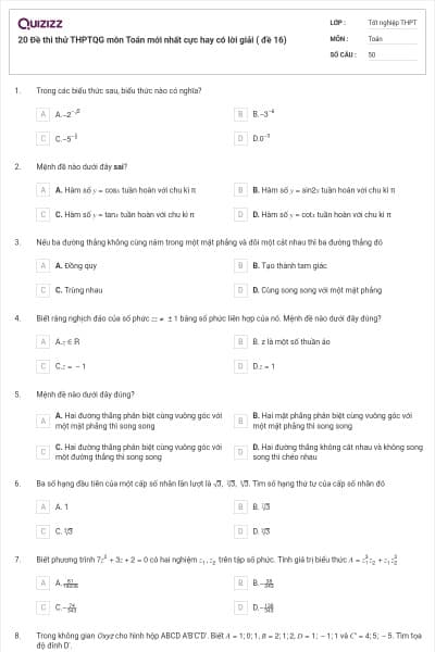 20 Đề thi thử THPTQG môn Toán mới nhất cực hay có lời giải ( đề 16)
