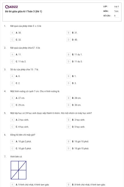 Đề thi giữa giữa kì I Toán 3 (Đề 1)