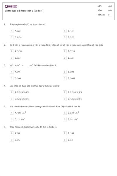 Đề thi cuối kì II môn Toán 3 (Đề số 1)