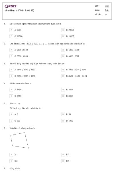 Đề thi học kì I Toán 3 (Đề 17)