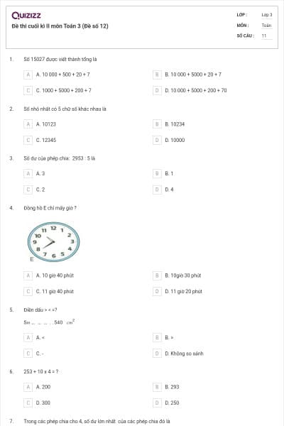 Đề thi cuối kì II môn Toán 3 (Đề số 12)