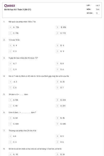 Đề thi học kì I Toán 3 (Đề 21)
