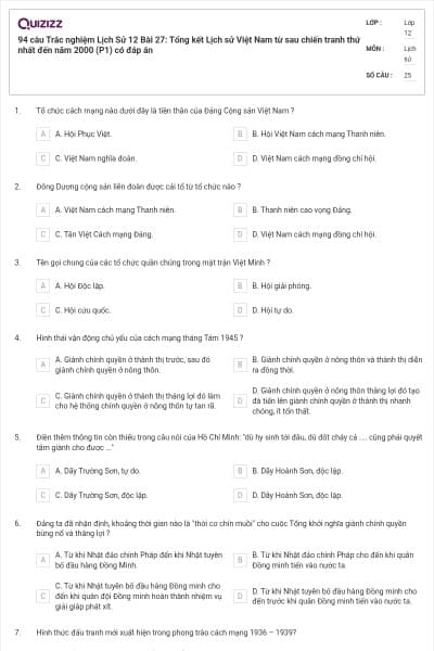 94 câu Trắc nghiệm Lịch Sử 12 Bài 27: Tổng kết Lịch sử Việt Nam từ sau chiến tranh thứ nhất đến năm 2000 (P1) có đáp án