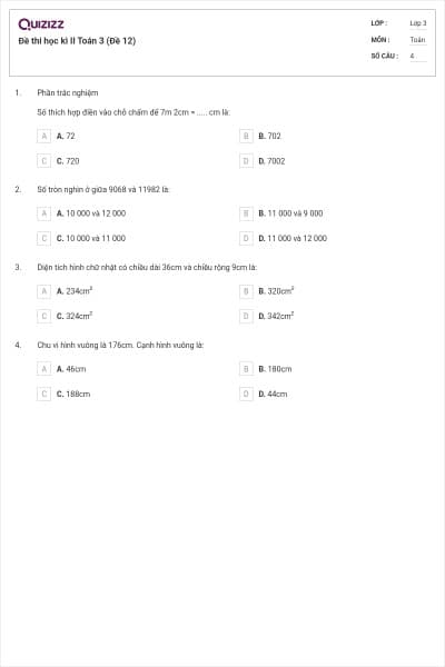 Đề thi học kì II Toán 3 (Đề 12)