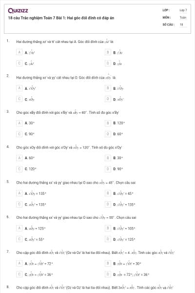 18 câu Trắc nghiệm Toán 7 Bài 1: Hai góc đối đỉnh có đáp án