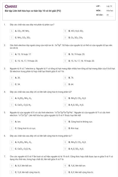 Bài tập Liên kết hóa học cơ bản lớp 10 có lời giải (P2)